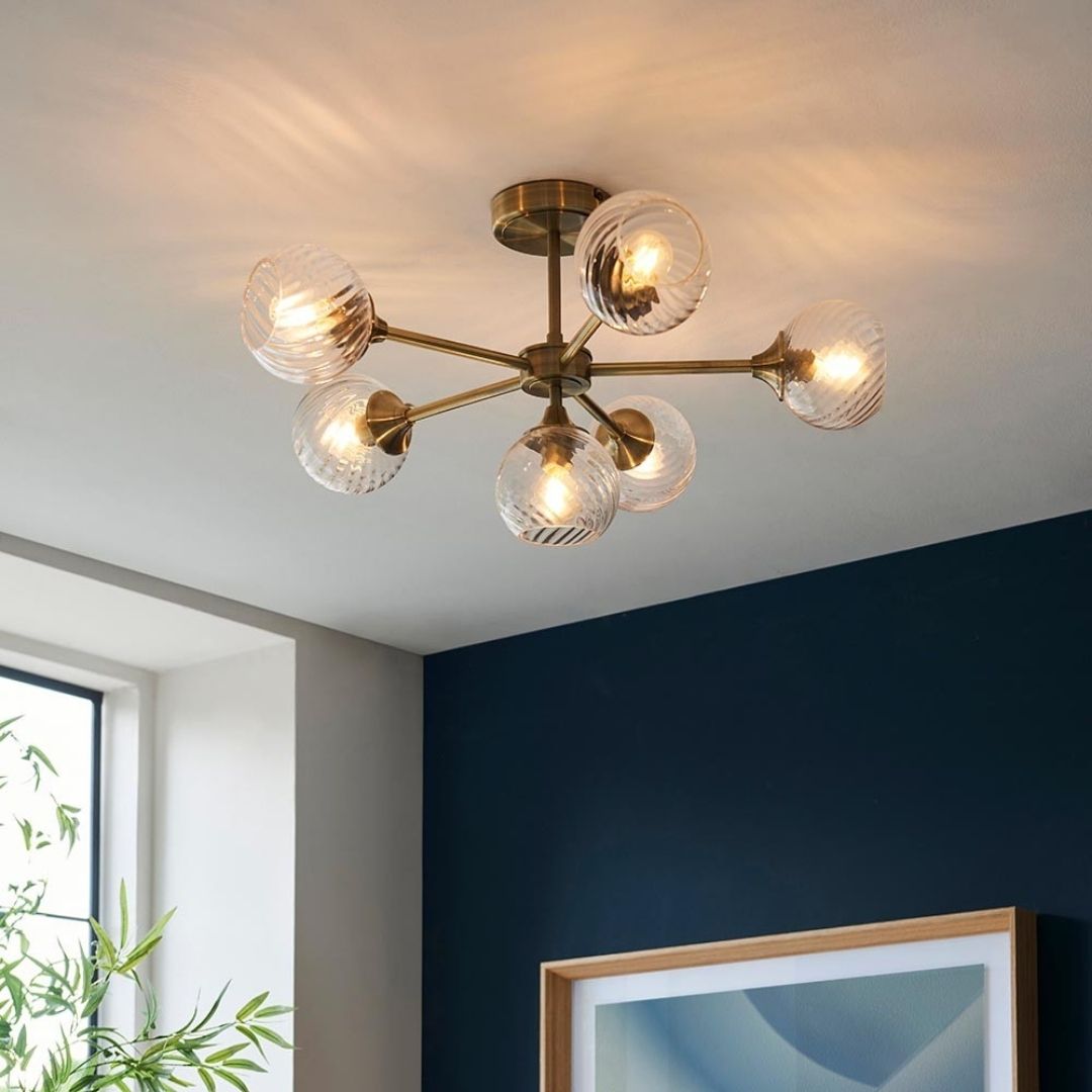 Allegra 6 Light Semi Flush Antique Brass Ceiling Light