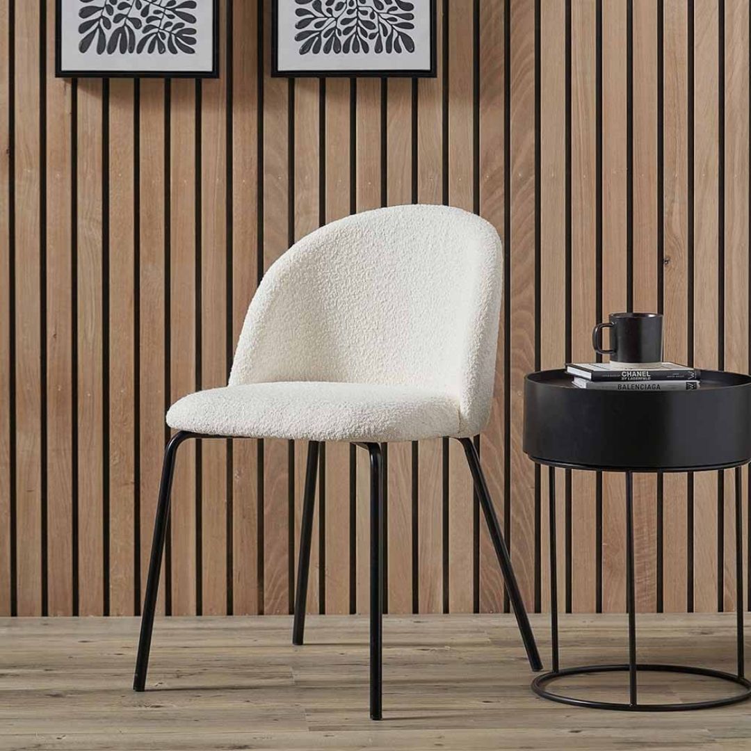 Turi White Bouclé Fabric and Black Metal Dining Chair