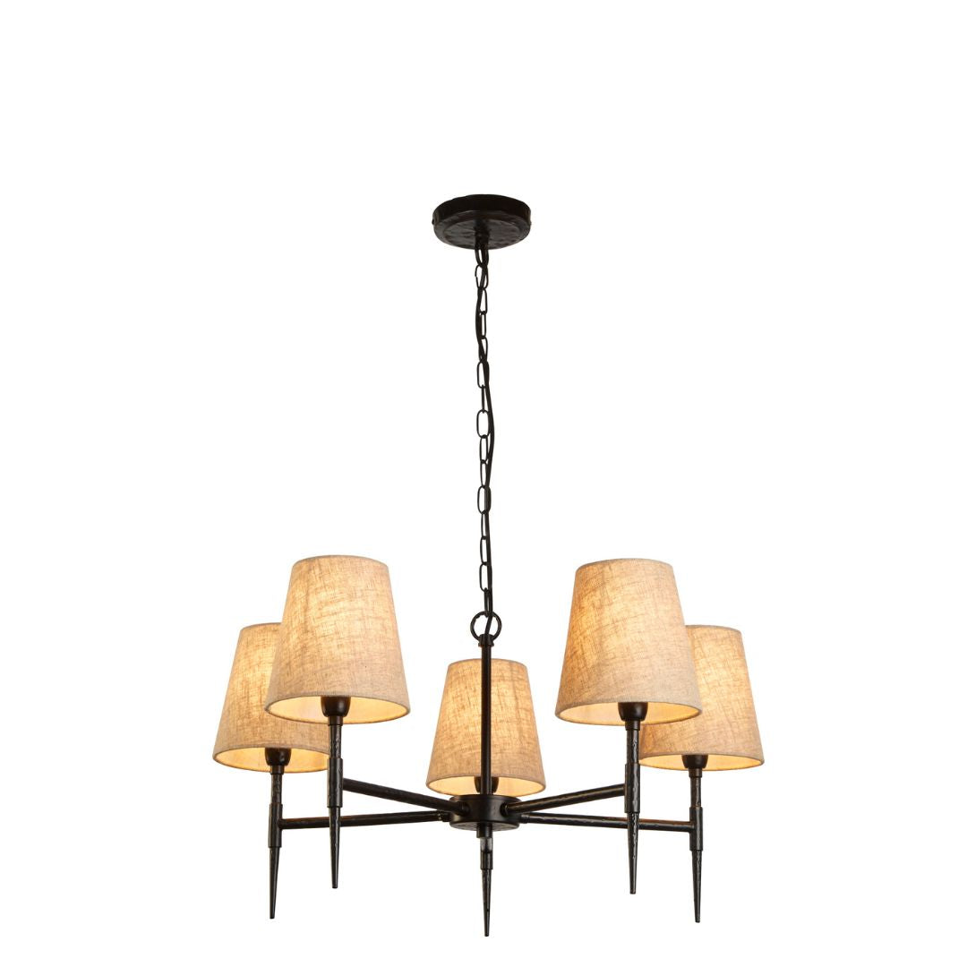 Gothic 5 Light Natural Linen and Black Metal Chandelier