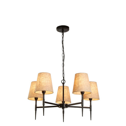 Gothic 5 Light Natural Linen and Black Metal Chandelier