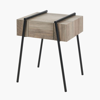 Osato Wood and Black Metal 1 Drawer Side Table