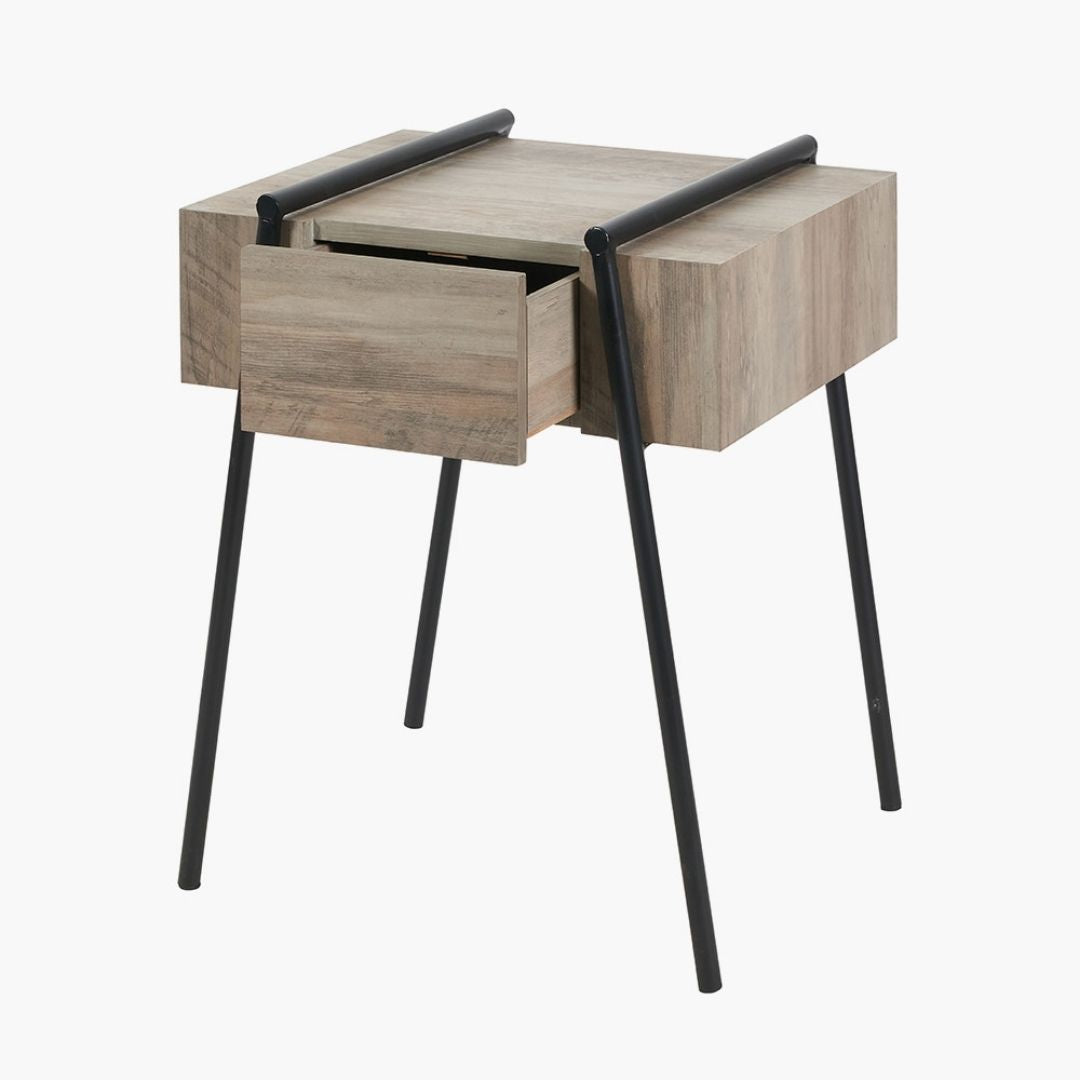 Osato Wood and Black Metal 1 Drawer Side Table