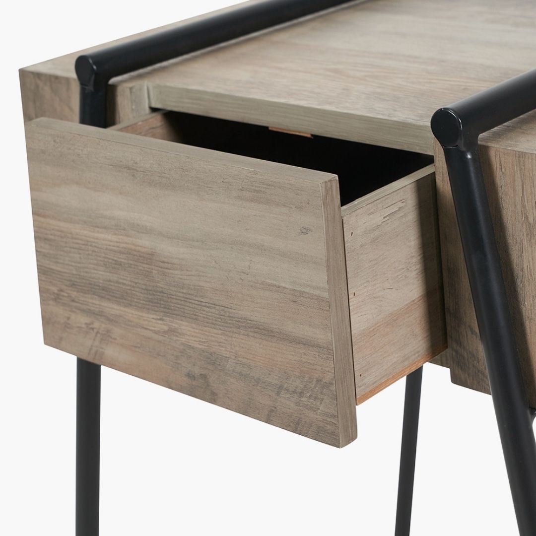 Osato Wood and Black Metal 1 Drawer Side Table