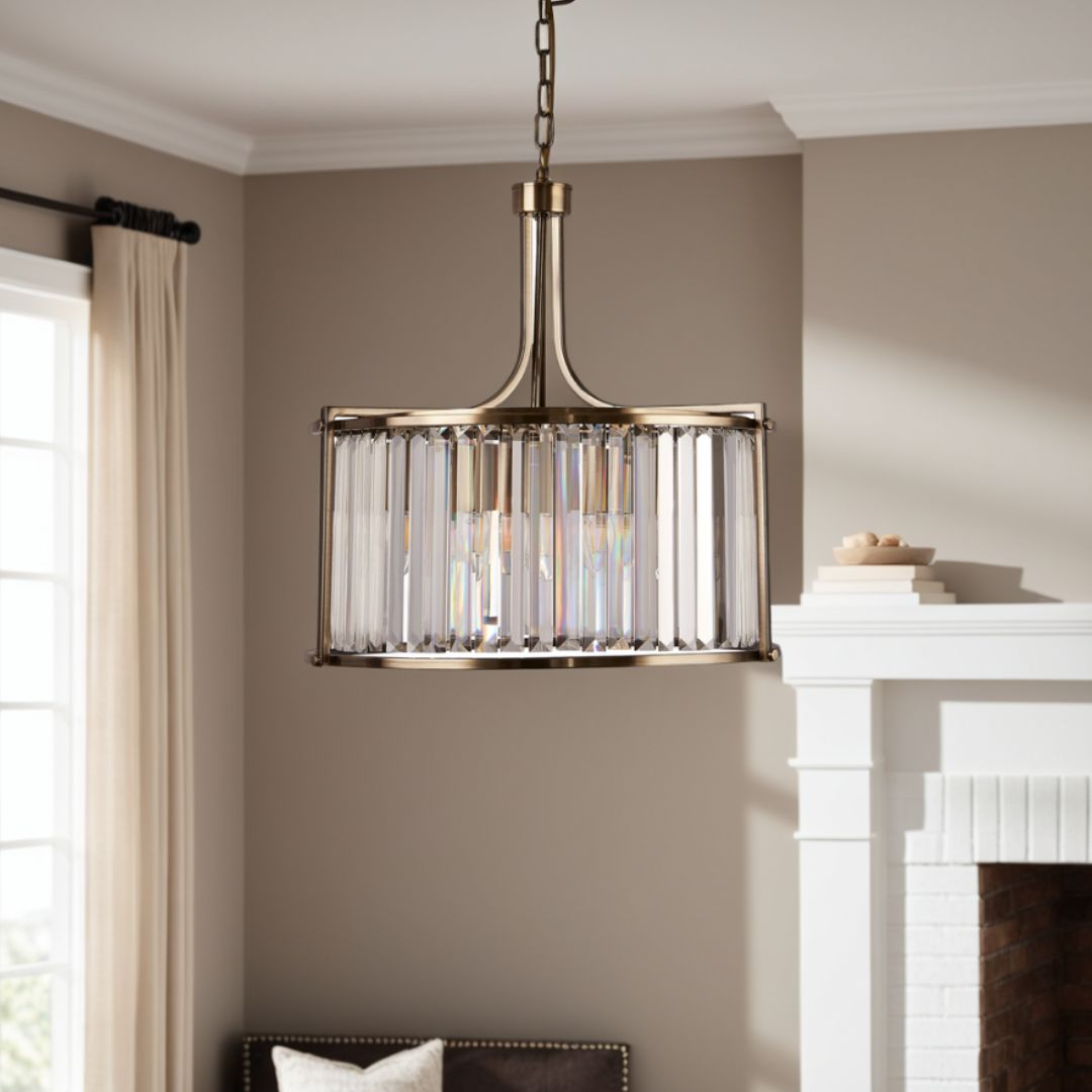 Victoria 5 Light Antique Brass and Crystal Pendant Ceiling Light