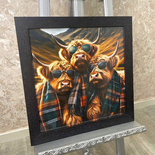 Highland Cows Trio in Tartan Scarves Wall Art with Black Frame