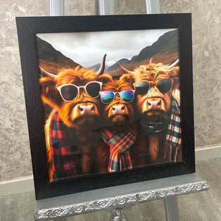 Highland Cows Trio in Sunglasses Wall Art with Black Frame