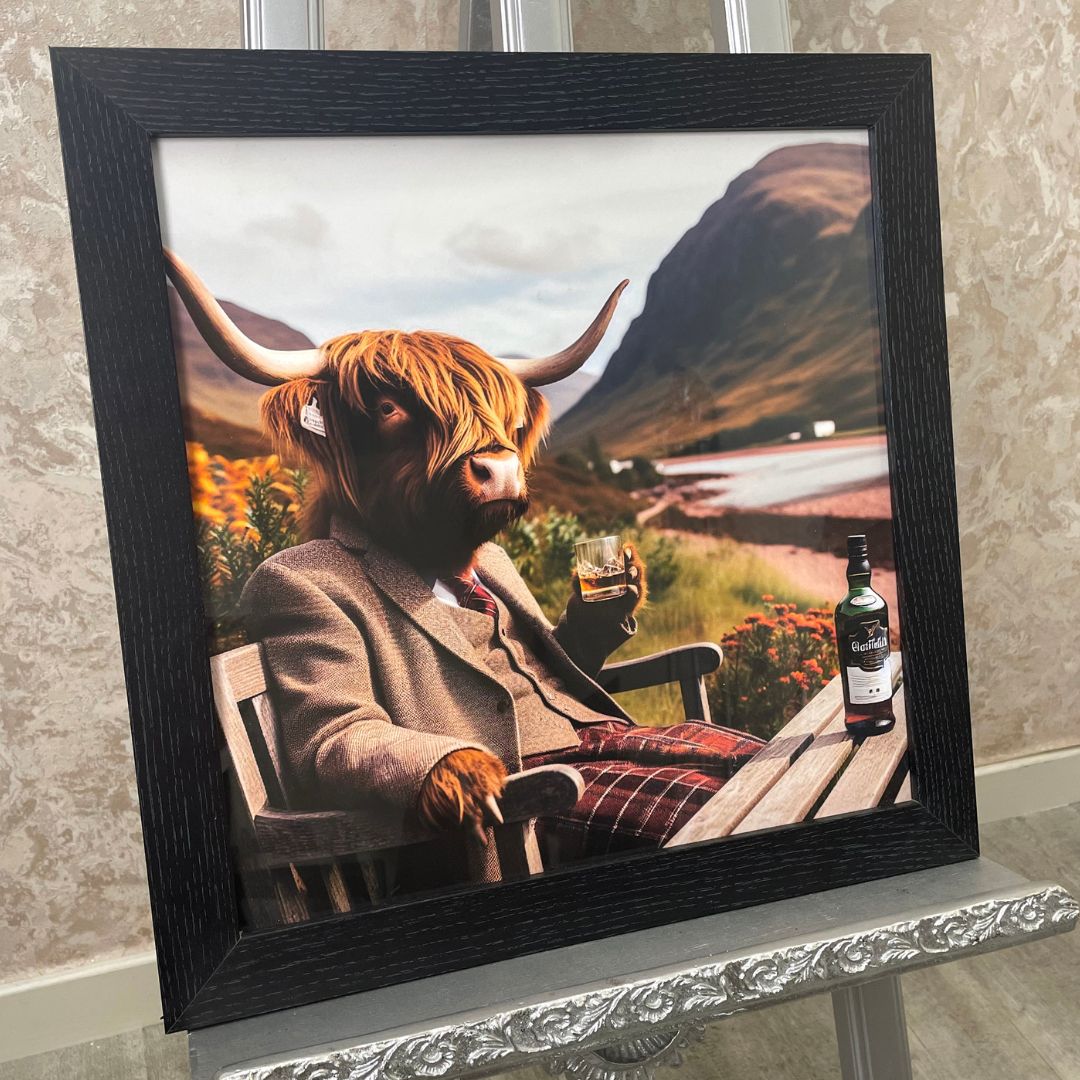 Highland Cow in Suit Wall Art with Black Frame