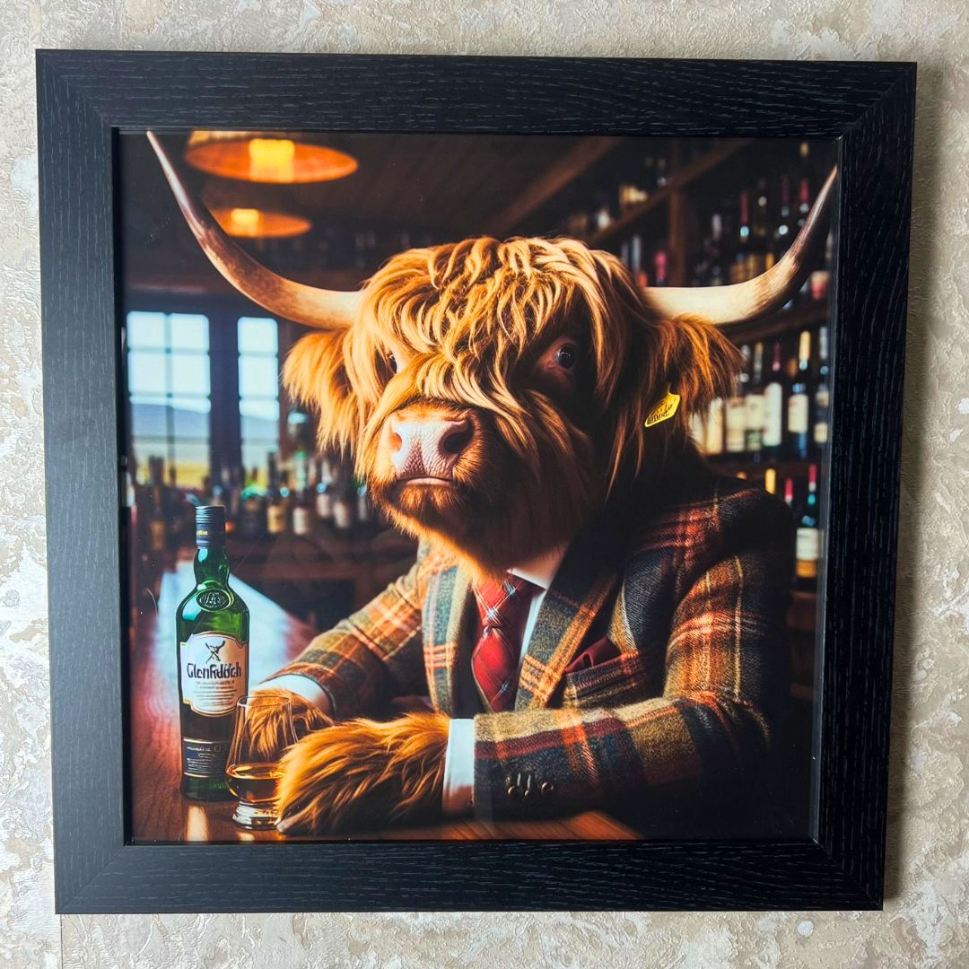 Dapper Highland Cow Wall Art with Black Frame