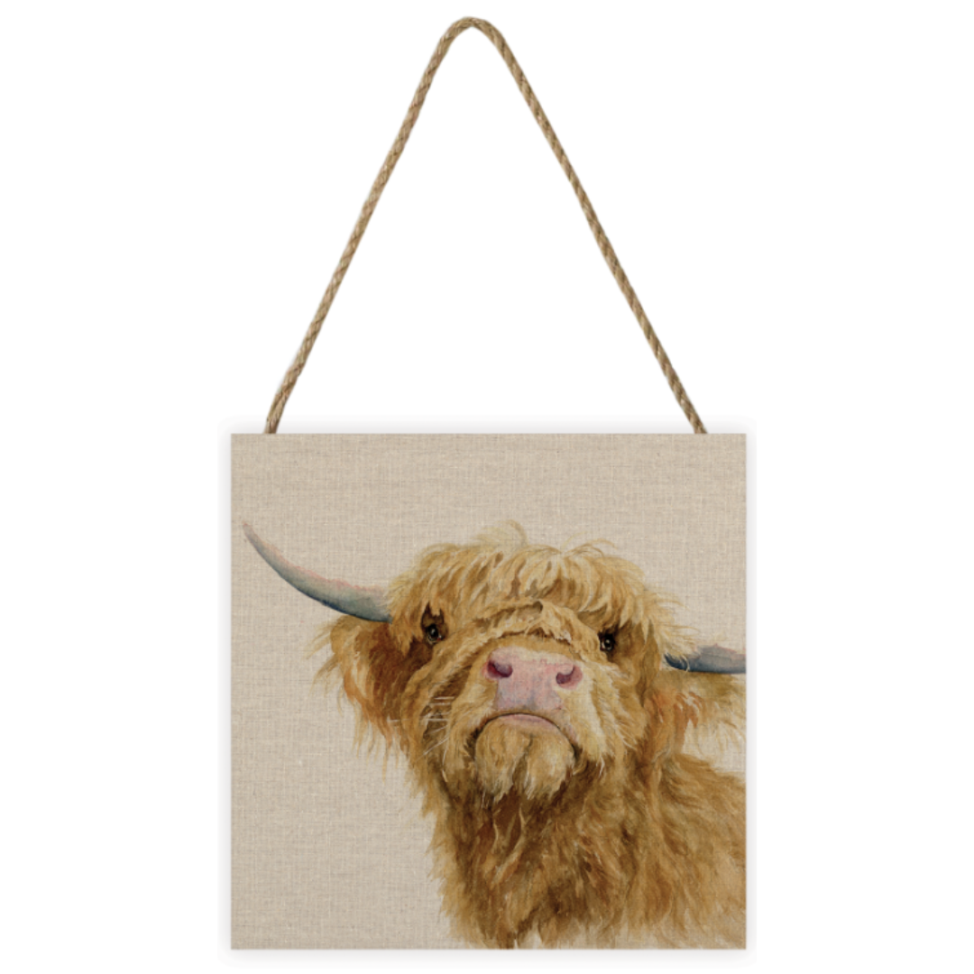 Donald the Highland Cow Small Wooden Hanging Block