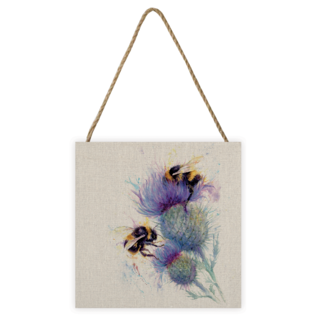 Bees on Thistle Small Wooden Hanging Block