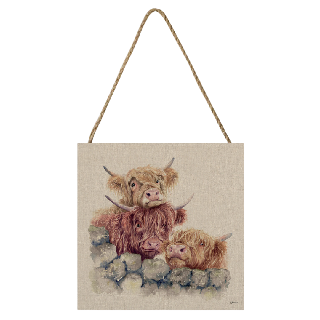 Highland Cow Neighbourhood Watch Small Wooden Hanging Block