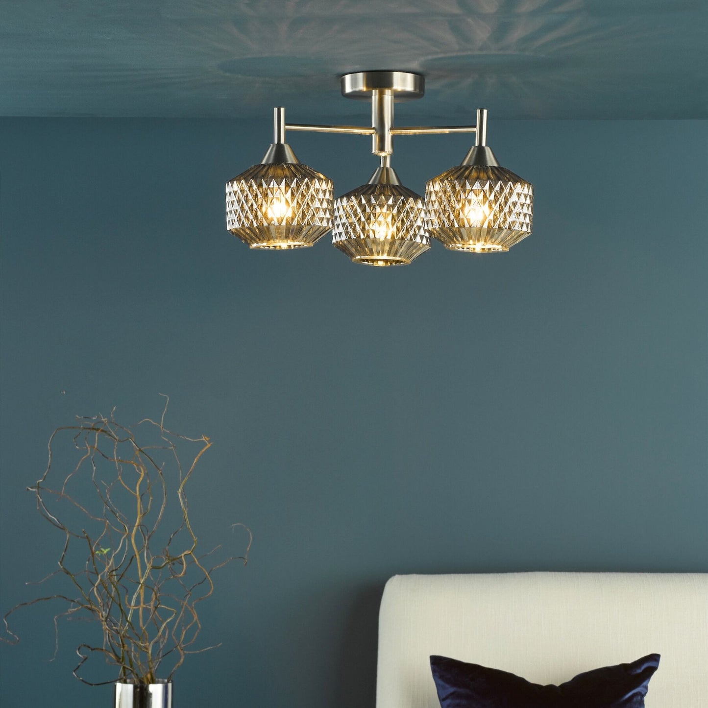 Fabrienne 3 Light Nickel & Smoked Glass Semi Flush Ceiling Light