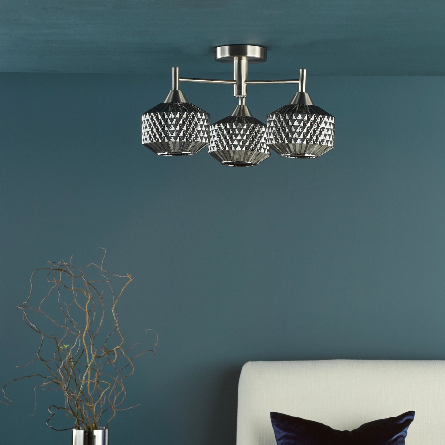 Fabrienne 3 Light Nickel & Smoked Glass Semi Flush Ceiling Light