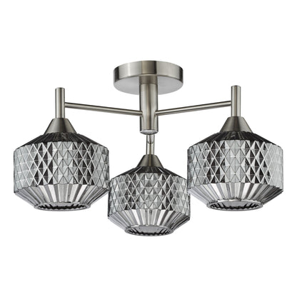 Fabrienne 3 Light Nickel & Smoked Glass Semi Flush Ceiling Light