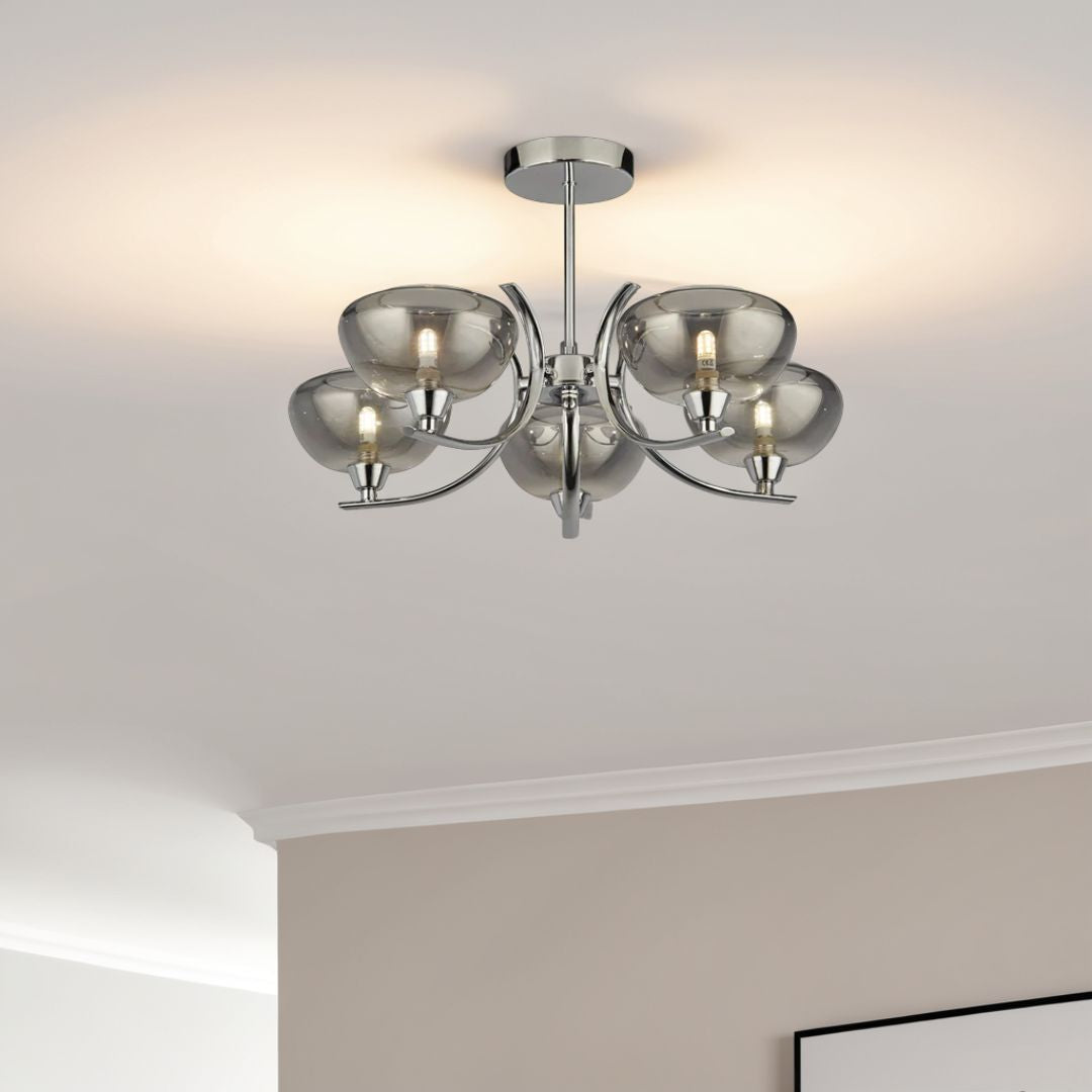 Hansel Semi  Flush 5 Light Smoked Glass Ceiling Light