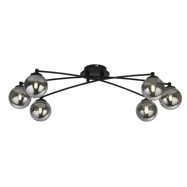 Navarro Flush 6 Light Black Ceiling Light with Smoked Glass