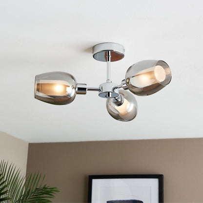 Hayden 3 Light Silver and Smoked Glass Semi Flush Ceiling Light