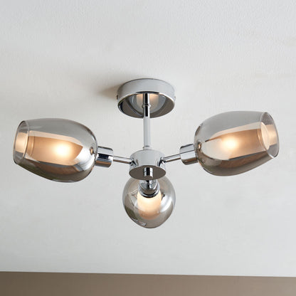 Hayden 3 Light Silver and Smoked Glass Semi Flush Ceiling Light