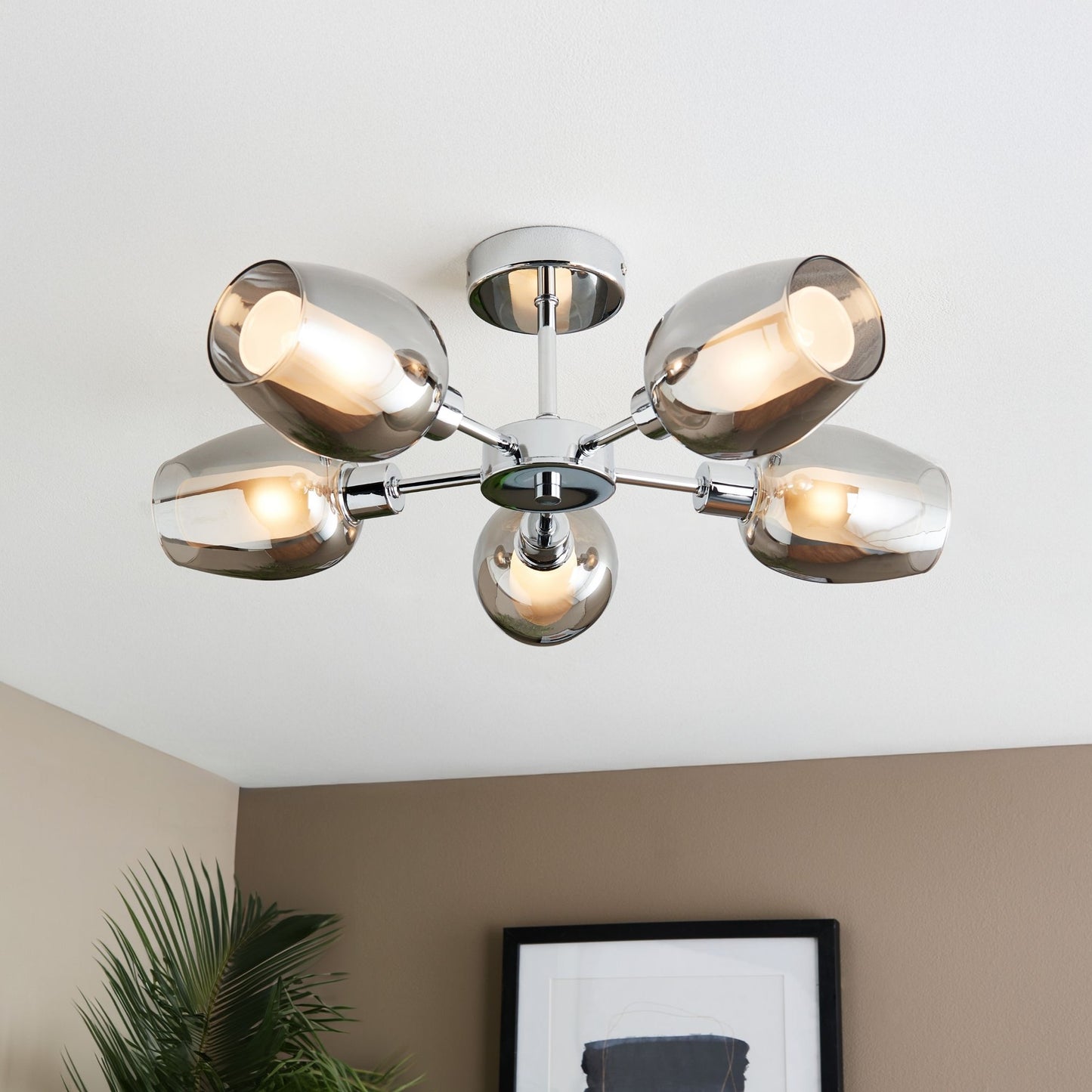 Hayden 5 Light Silver and Smoked Glass Semi Flush Ceiling Light