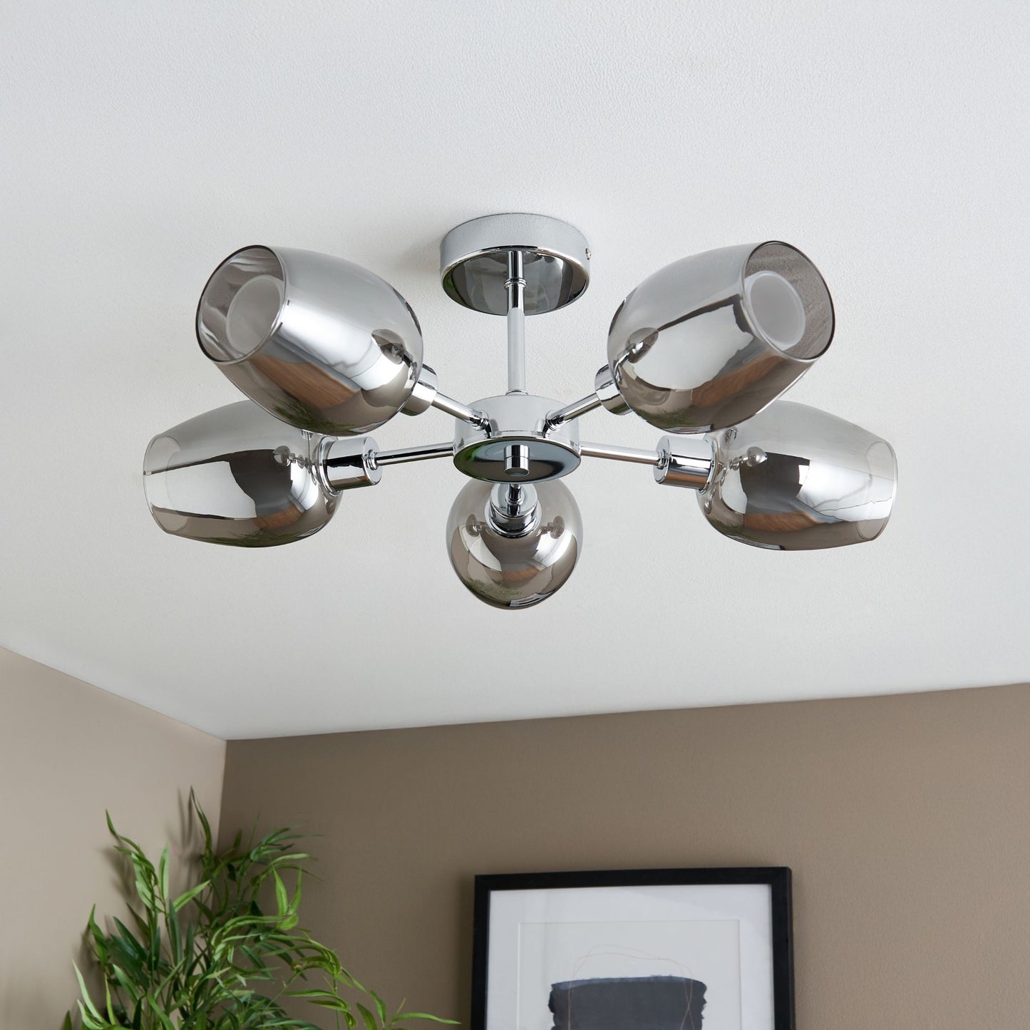 Hayden 5 Light Silver and Smoked Glass Semi Flush Ceiling Light