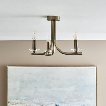 Morden 3 Light Antique Brass Semi Flush Ceiling Light