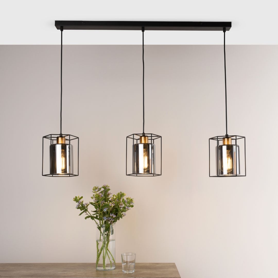 Sabrina 3 Light Black and Smoked Glass Pendant Bar