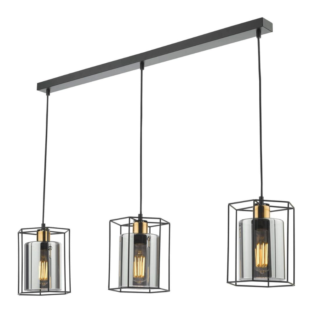 Sabrina 3 Light Black and Smoked Glass Pendant Bar