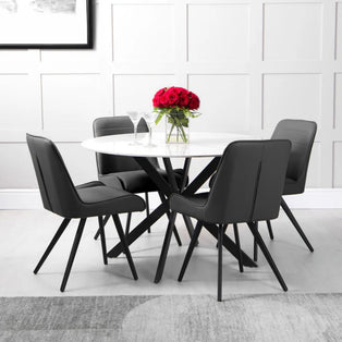 1.2m Round White Stone Dining Table with 4 Dark Grey Chairs