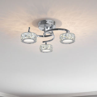 Dilan 3 Light LED Cool White Semi-Flush Fitting Satin Nickel Ceiling Light with Clear Jewels