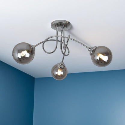 Bungo 3 Light Polish Chrome Ceiling Light with Blown Glass Shades in Chromed Smoke