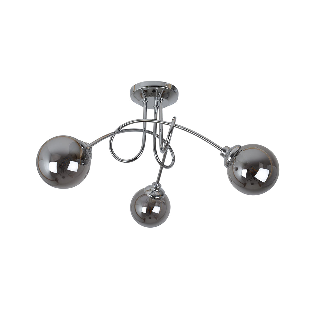 Bungo 3 Light Polish Chrome Ceiling Light with Blown Glass Shades in Chromed Smoke