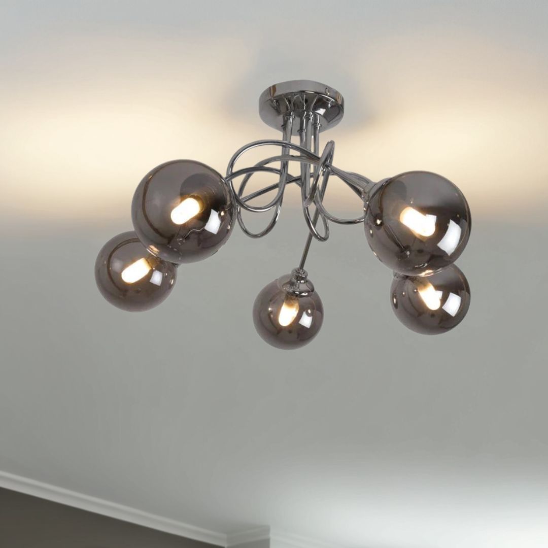 Bungo 5 Light Polish Chrome Ceiling Light with Blown Glass Shades in Chromed Smoke